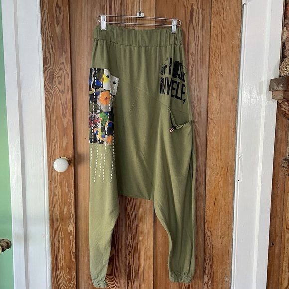 Olive Green harem Pants with Artistic Patch - Picture 1 of 5